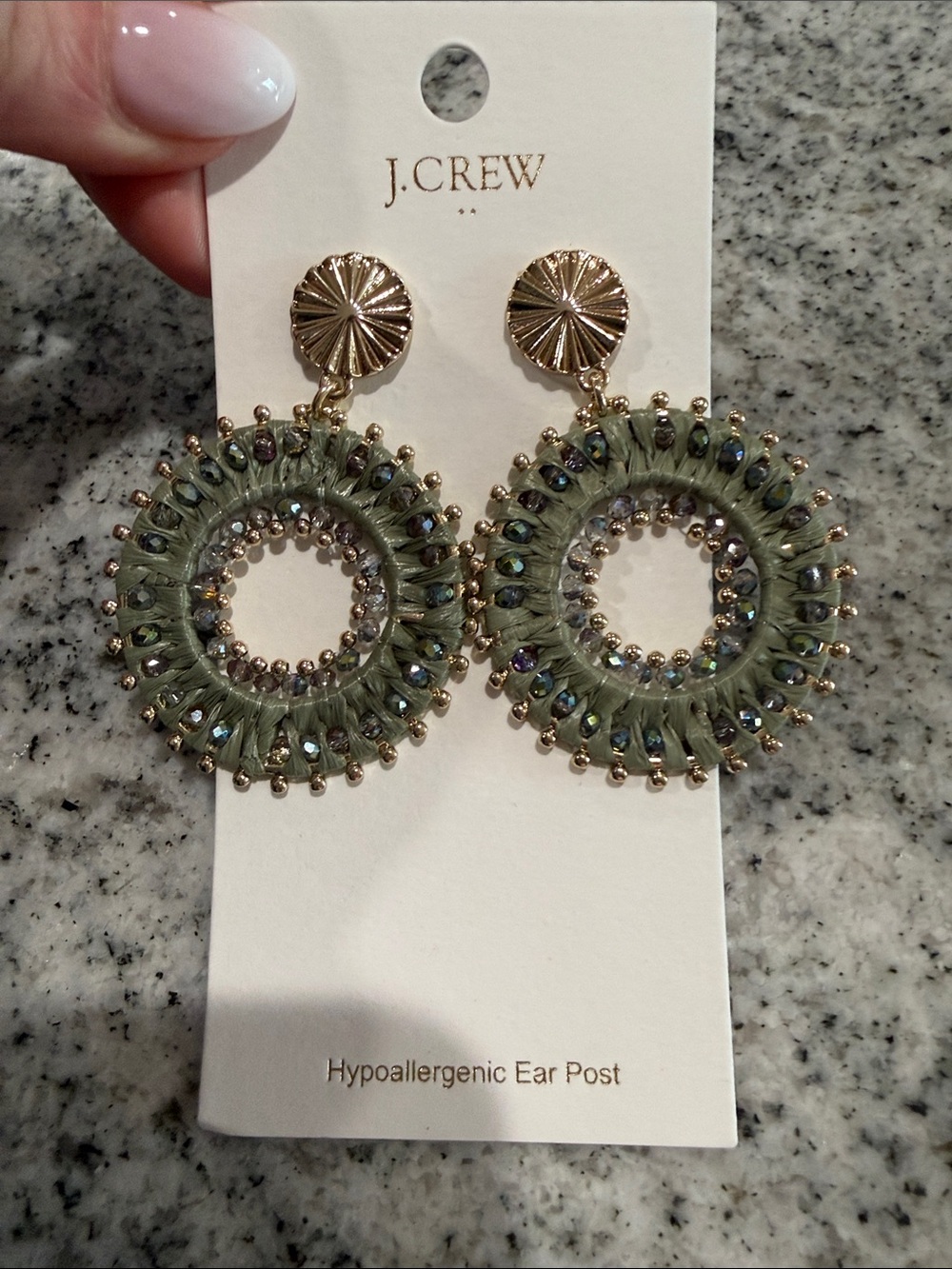 J. Crew Olive Green and Gold Beaded Round Drop Earrings